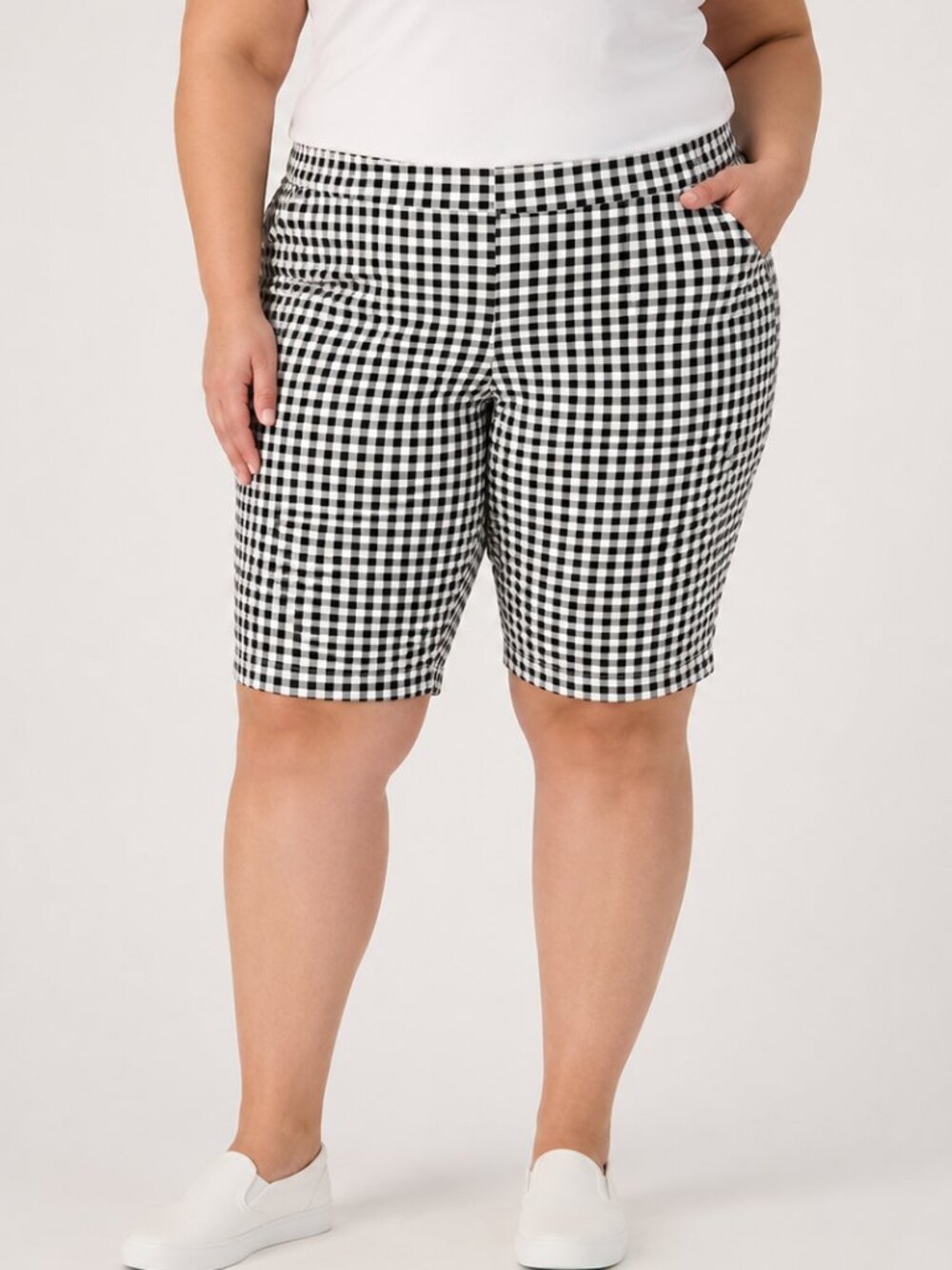 Bermuda Shorts 5XP Black White Gingham Seersucker Pullon Pockets 11 Inseam Plus